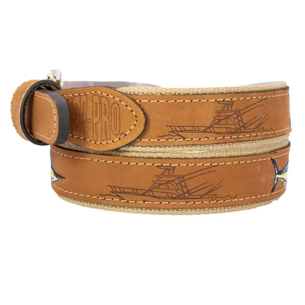 Zep Pro Leather Embroidered Marlin Belt Mens Sz 42 Tan Buff Emboss Fishing Boat